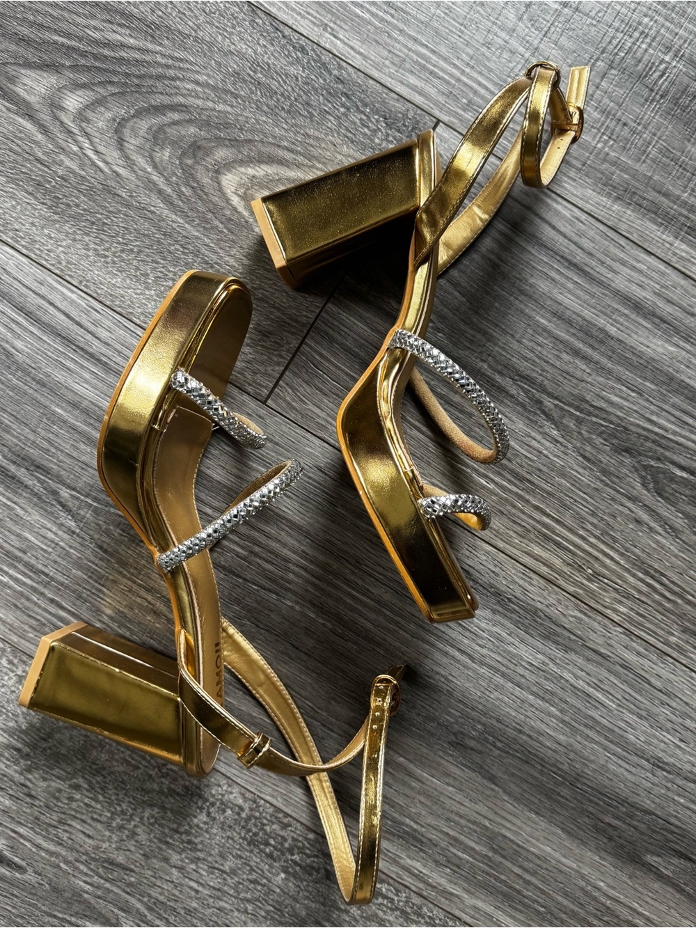 Gold Rhinestone Strap Block Heel Sandals - Women